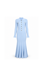 Gold-Button Ribbed Knit Maxi Dress