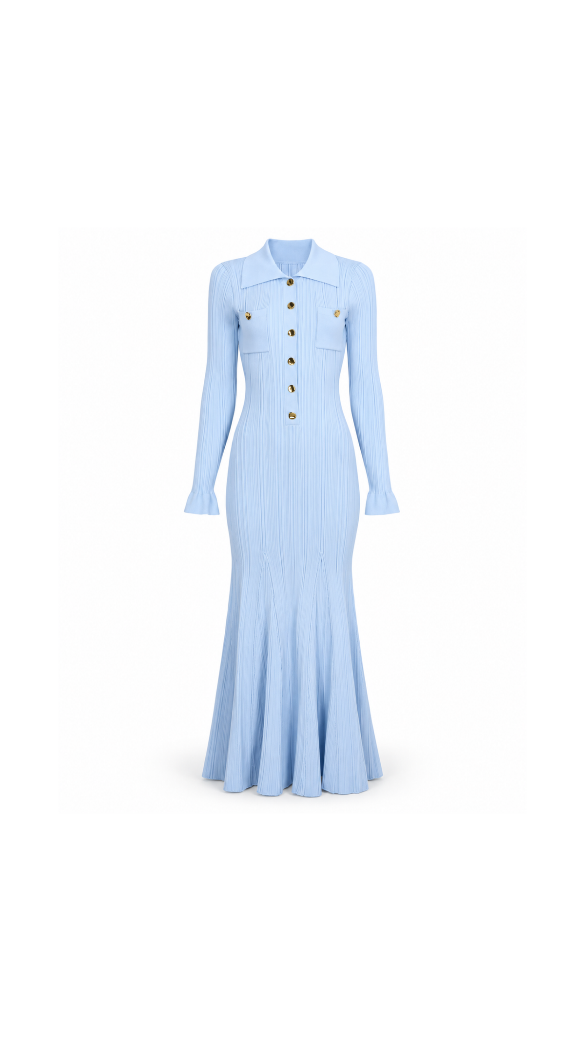 Gold-Button Ribbed Knit Maxi Dress