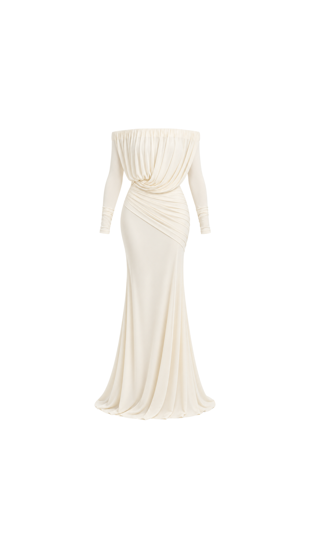 Draped Off-Shoulder Long-Sleeve Maxi Dress