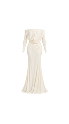 Draped Off-Shoulder Long-Sleeve Maxi Dress