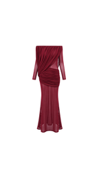 Draped Off-Shoulder Long-Sleeve Maxi Dress