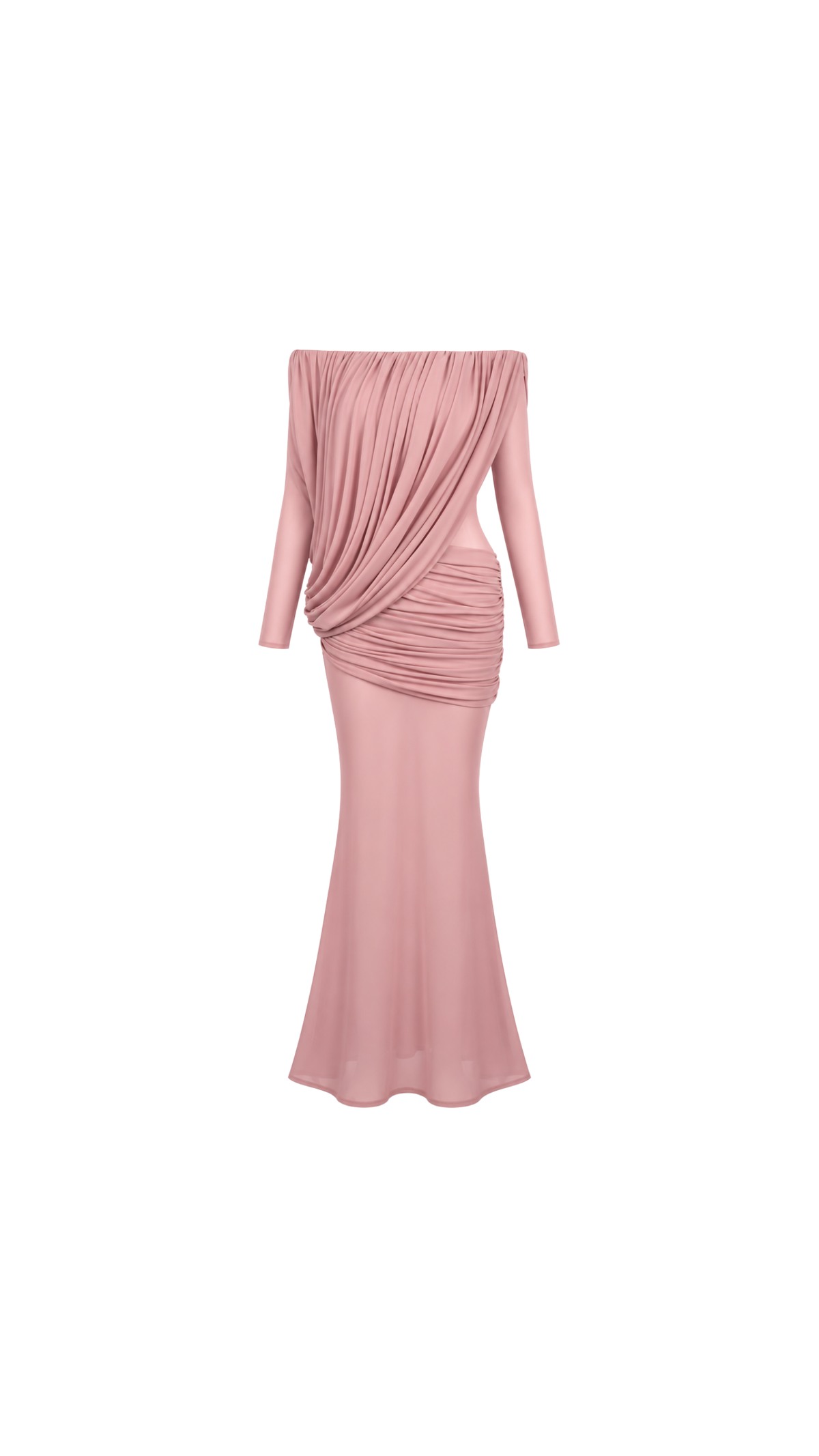 Draped Off-Shoulder Long-Sleeve Maxi Dress