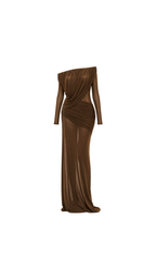 Draped Off-Shoulder Long-Sleeve Maxi Dress