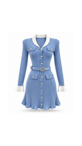 Contrast-Collar Belted Ribbed Knit Mini Dress