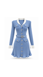 Contrast-Collar Belted Ribbed Knit Mini Dress