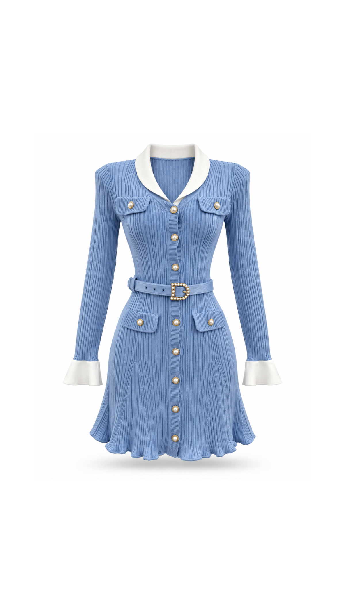 Contrast-Collar Belted Ribbed Knit Mini Dress