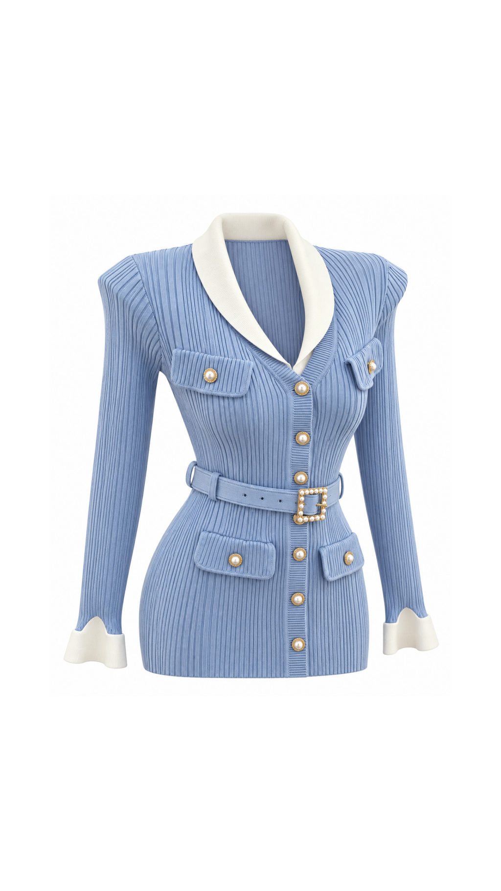 Contrast-Collar Belted Ribbed Knit Mini Dress