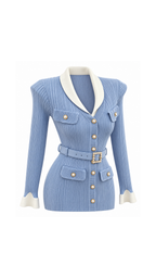 Contrast-Collar Belted Ribbed Knit Mini Dress
