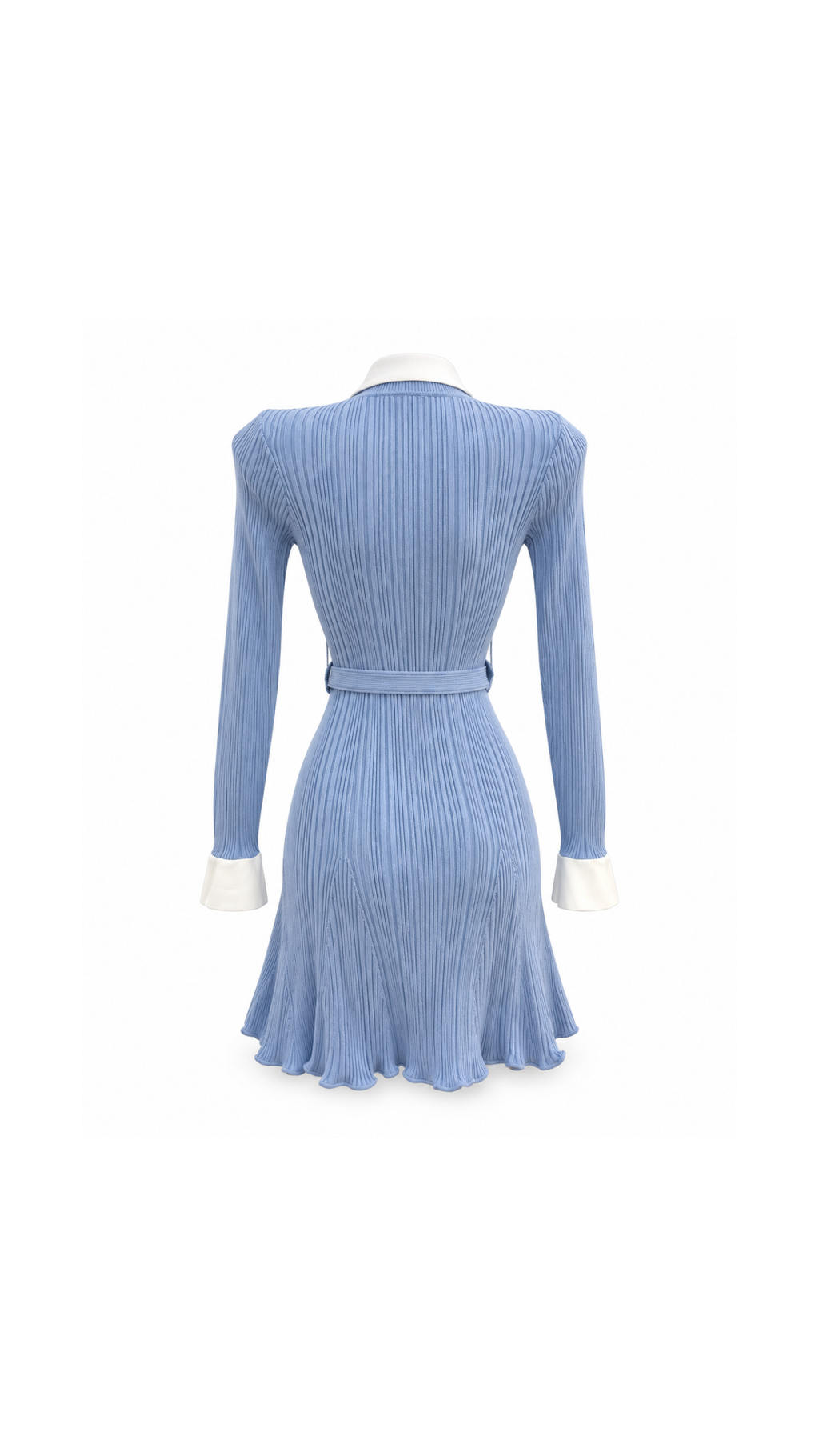 Contrast-Collar Belted Ribbed Knit Mini Dress