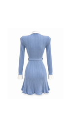 Contrast-Collar Belted Ribbed Knit Mini Dress