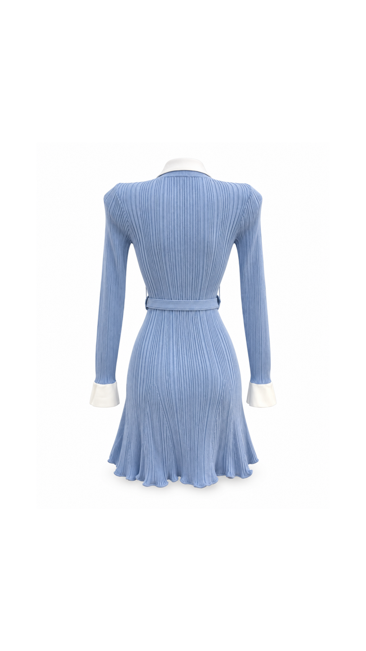 Contrast-Collar Belted Ribbed Knit Mini Dress