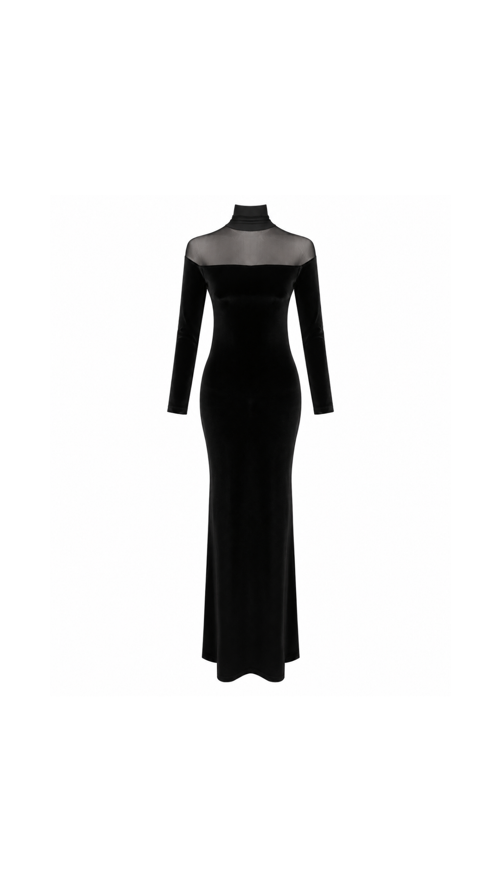 Velvet Sheer-Yoke High-Neck Maxi Dress