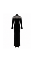 Velvet Sheer-Yoke High-Neck Maxi Dress