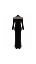 Velvet Sheer-Yoke High-Neck Maxi Dress