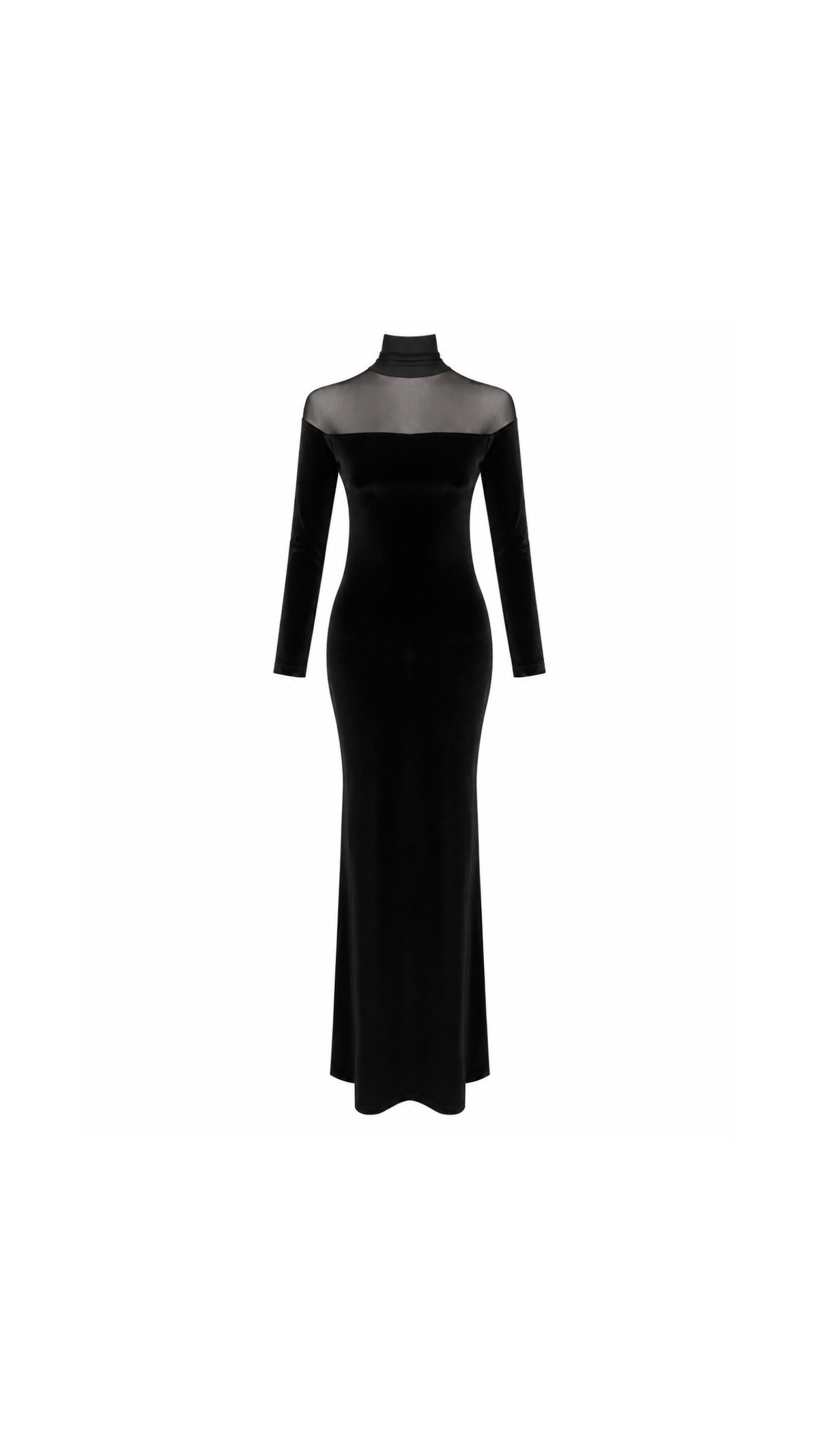 Velvet Sheer-Yoke High-Neck Maxi Dress