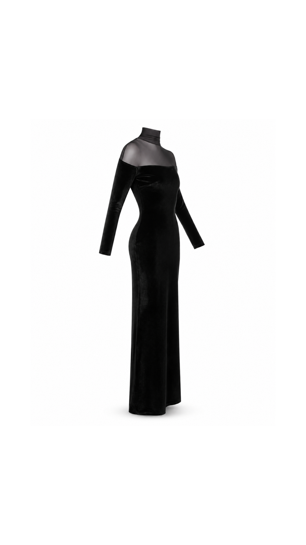 Velvet Sheer-Yoke High-Neck Maxi Dress