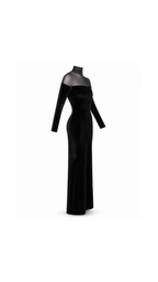 Velvet Sheer-Yoke High-Neck Maxi Dress