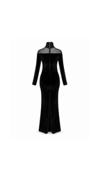 Velvet Sheer-Yoke High-Neck Maxi Dress