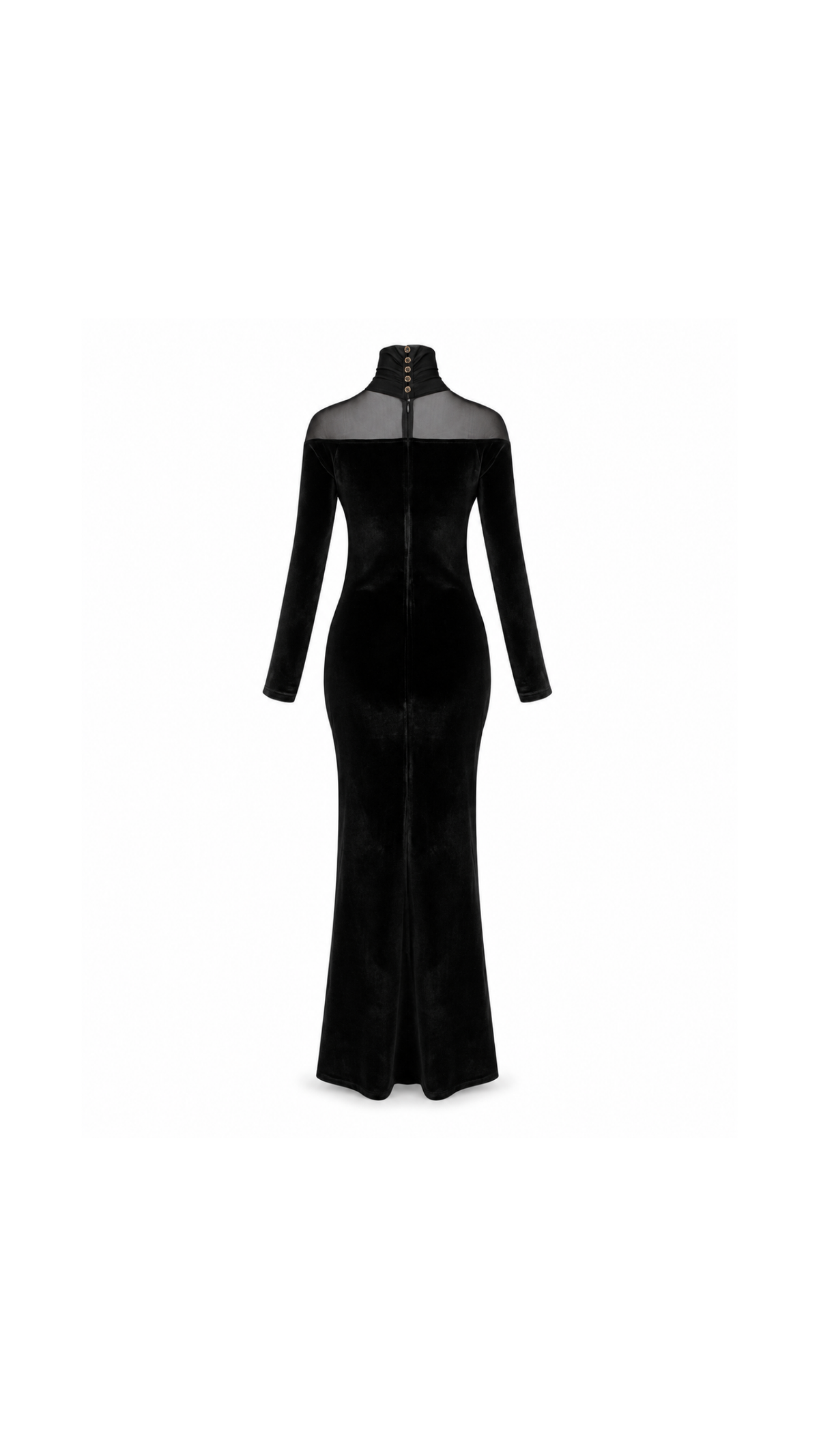 Velvet Sheer-Yoke High-Neck Maxi Dress