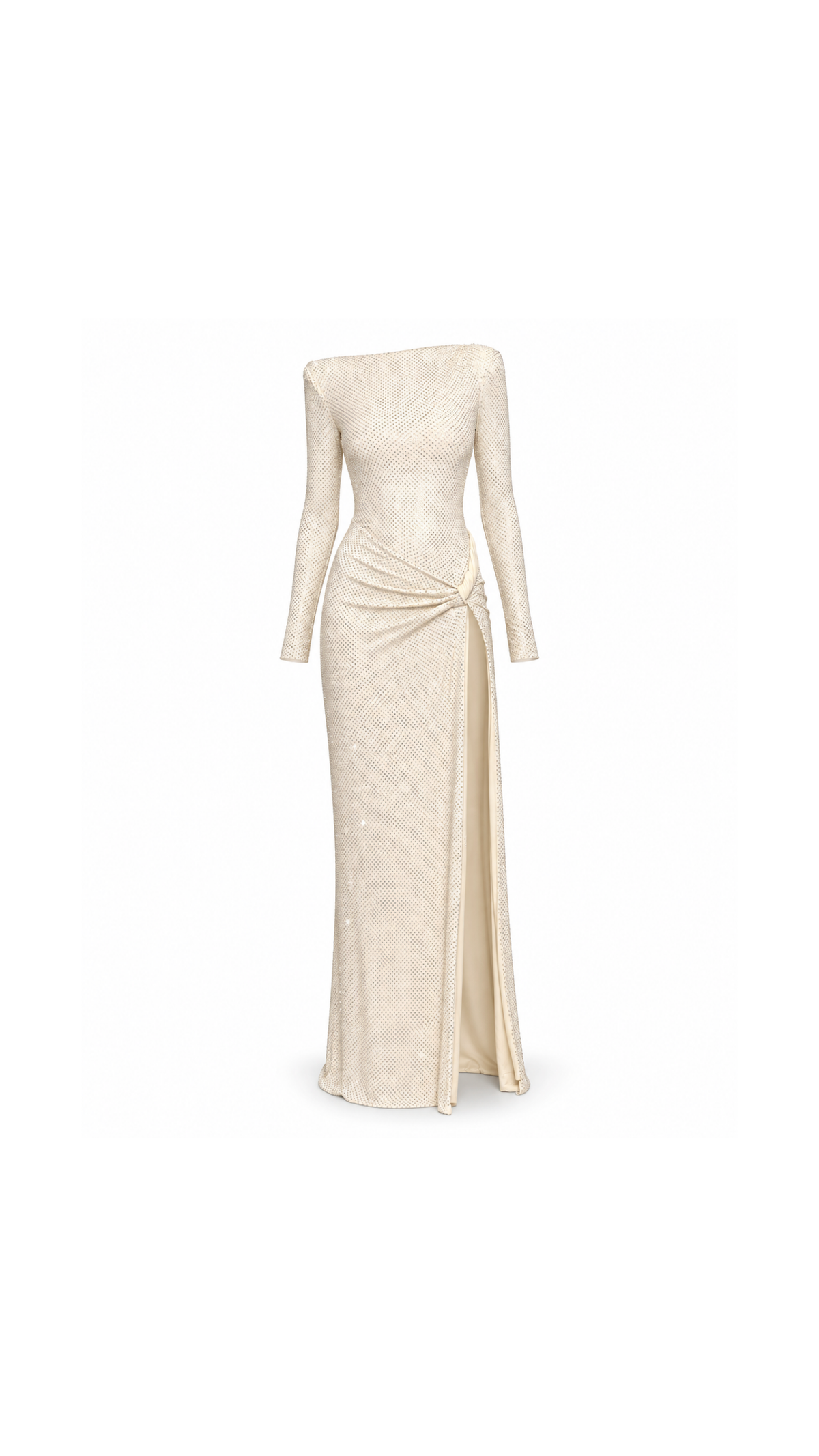Crystal-Embellished Ruched Maxi Evening Dress