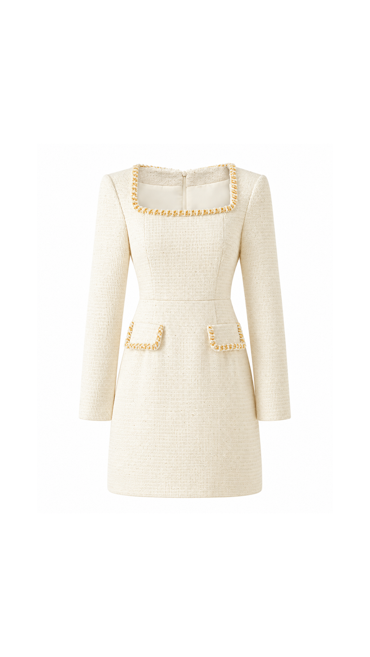 Crystal-Trimmed Square-Neck Tweed Mini Dress