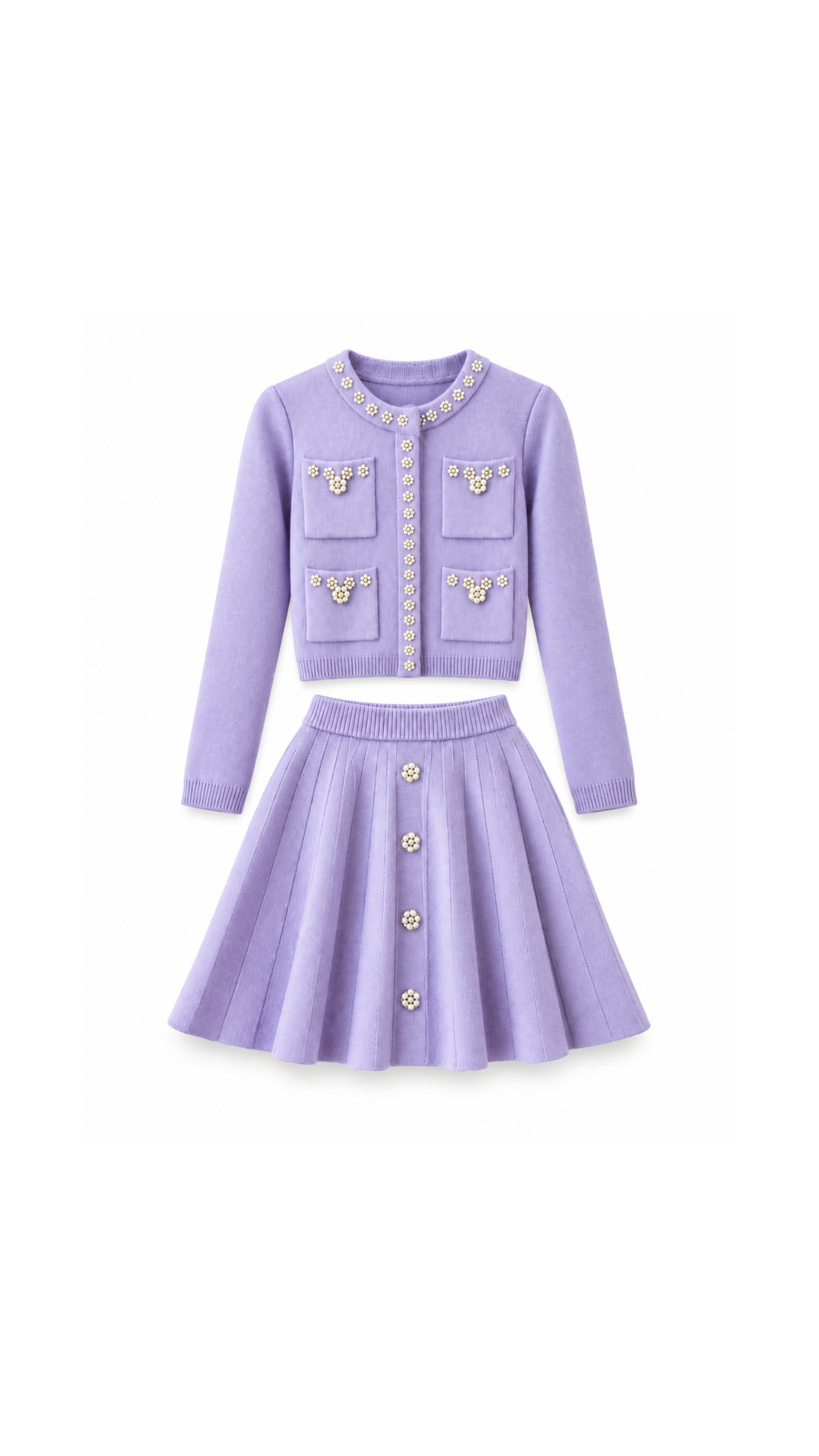 Pearl-Embellished Knit Cardigan & Pleated Skirt Set