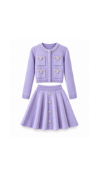Pearl-Embellished Knit Cardigan & Pleated Skirt Set
