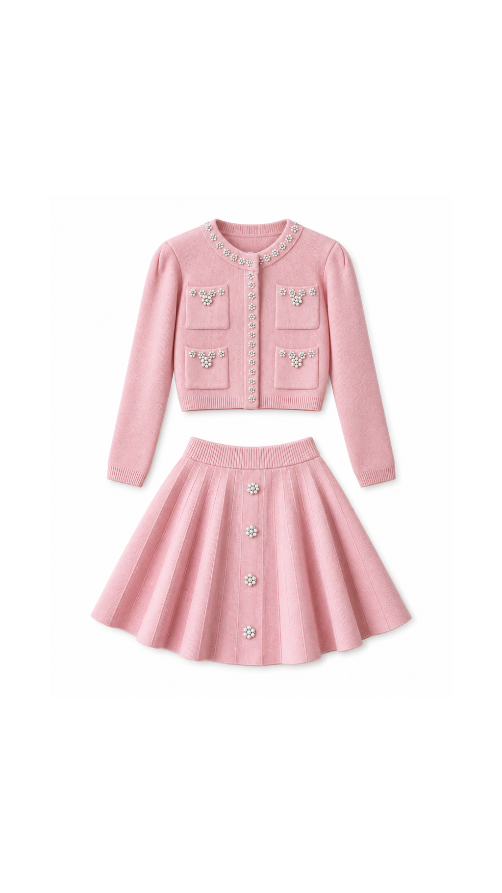 Pearl-Embellished Knit Cardigan & Pleated Skirt Set