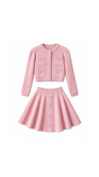 Pearl-Embellished Knit Cardigan & Pleated Skirt Set