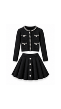 Pearl-Embellished Knit Cardigan & Pleated Skirt Set