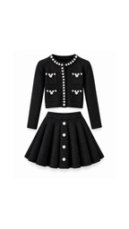 Pearl-Embellished Knit Cardigan & Pleated Skirt Set