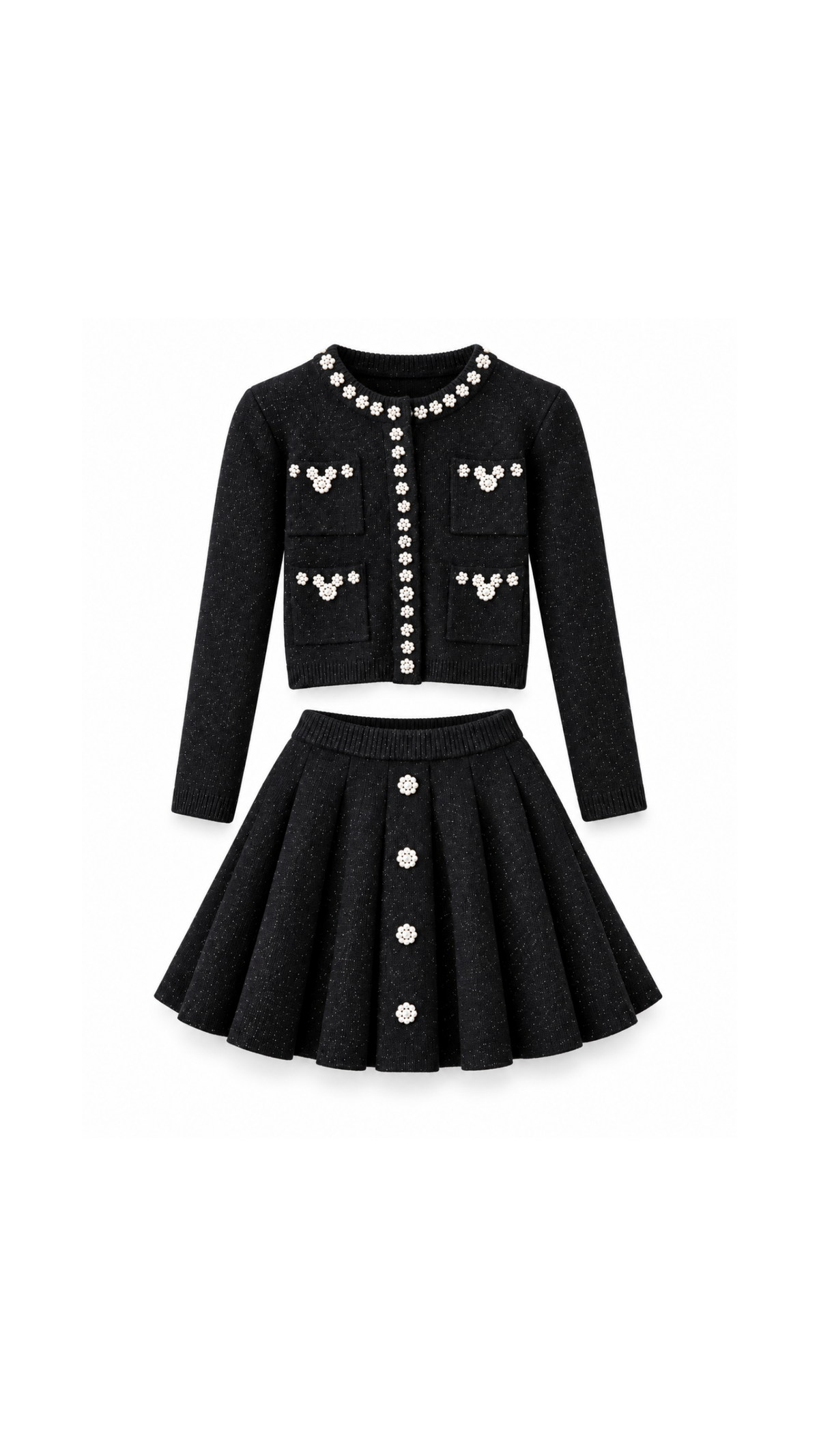 Pearl-Embellished Knit Cardigan & Pleated Skirt Set