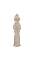 Crystal-Embellished High-Neck Mermaid Evening Dress