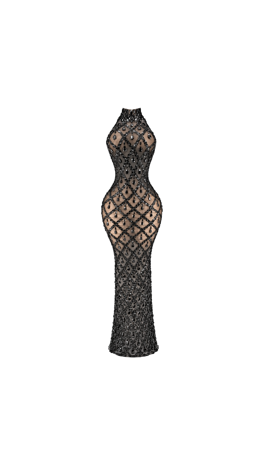 Crystal-Embellished High-Neck Mermaid Evening Dress