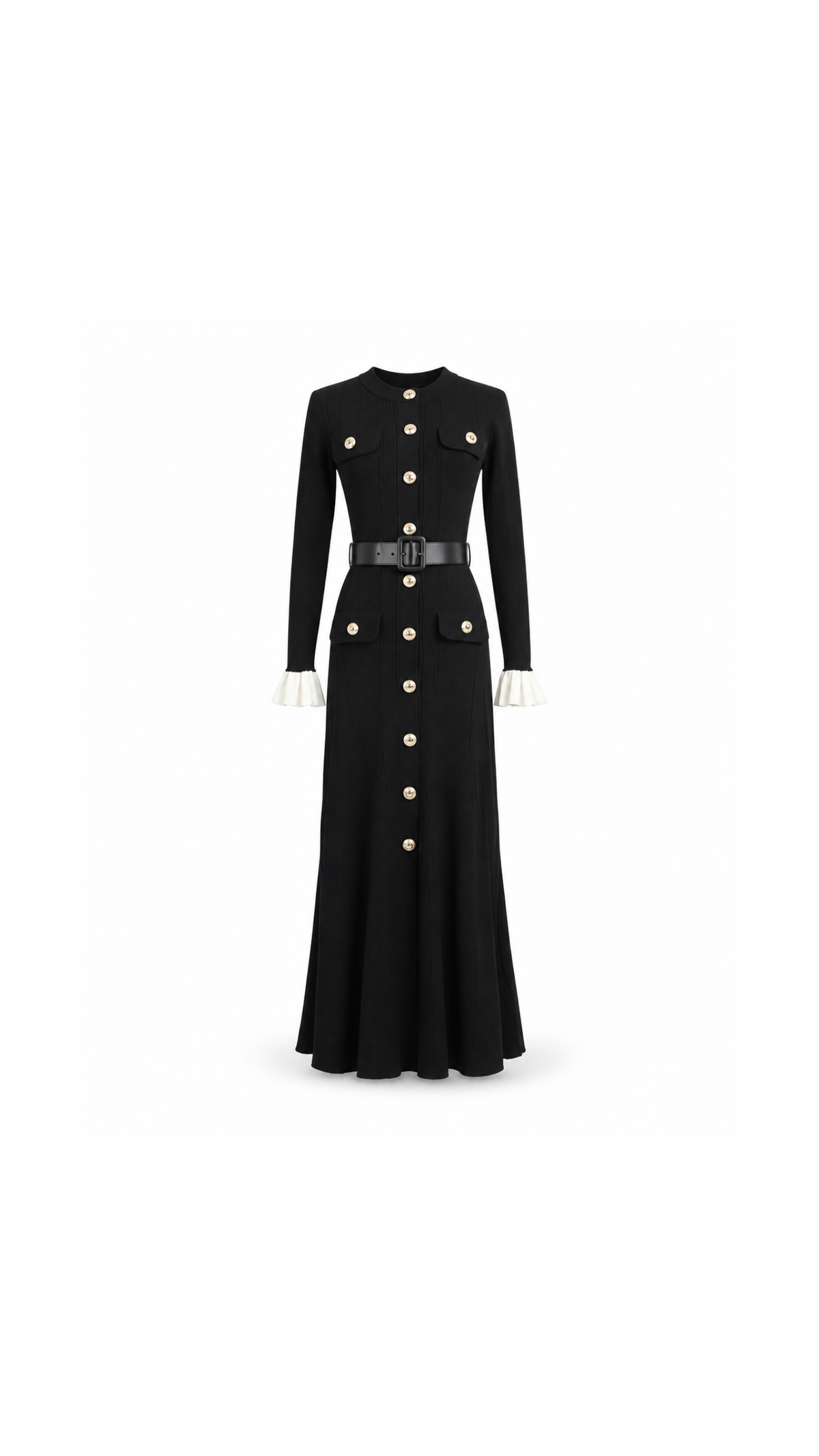 Belted Button-Front Pleated Maxi Dress