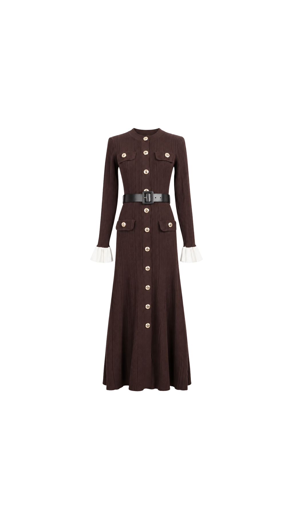 Belted Button-Front Pleated Maxi Dress