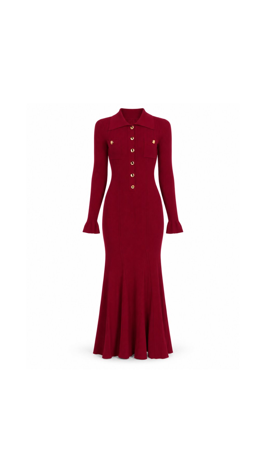 Gold-Button Ribbed Knit Maxi Dress