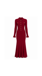 Gold-Button Ribbed Knit Maxi Dress