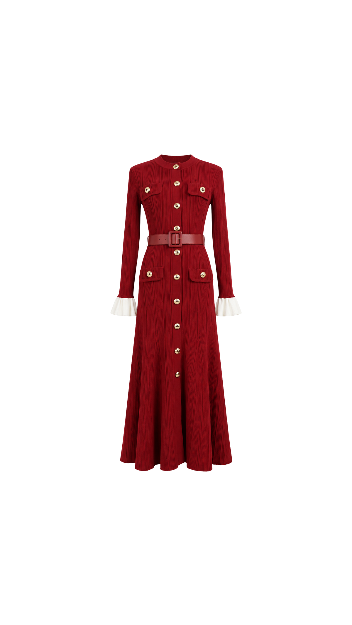 Belted Button-Front Pleated Maxi Dress