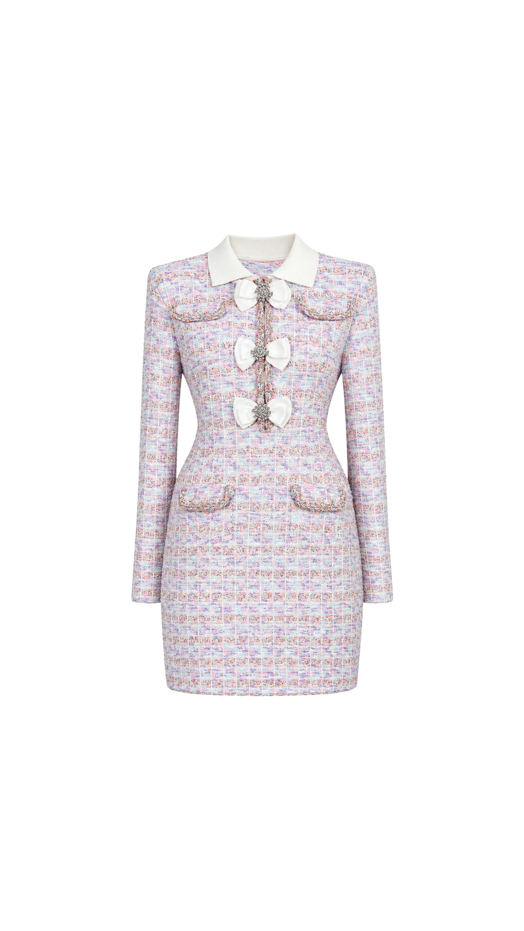 Bow-Embellished Tweed Mini Dress