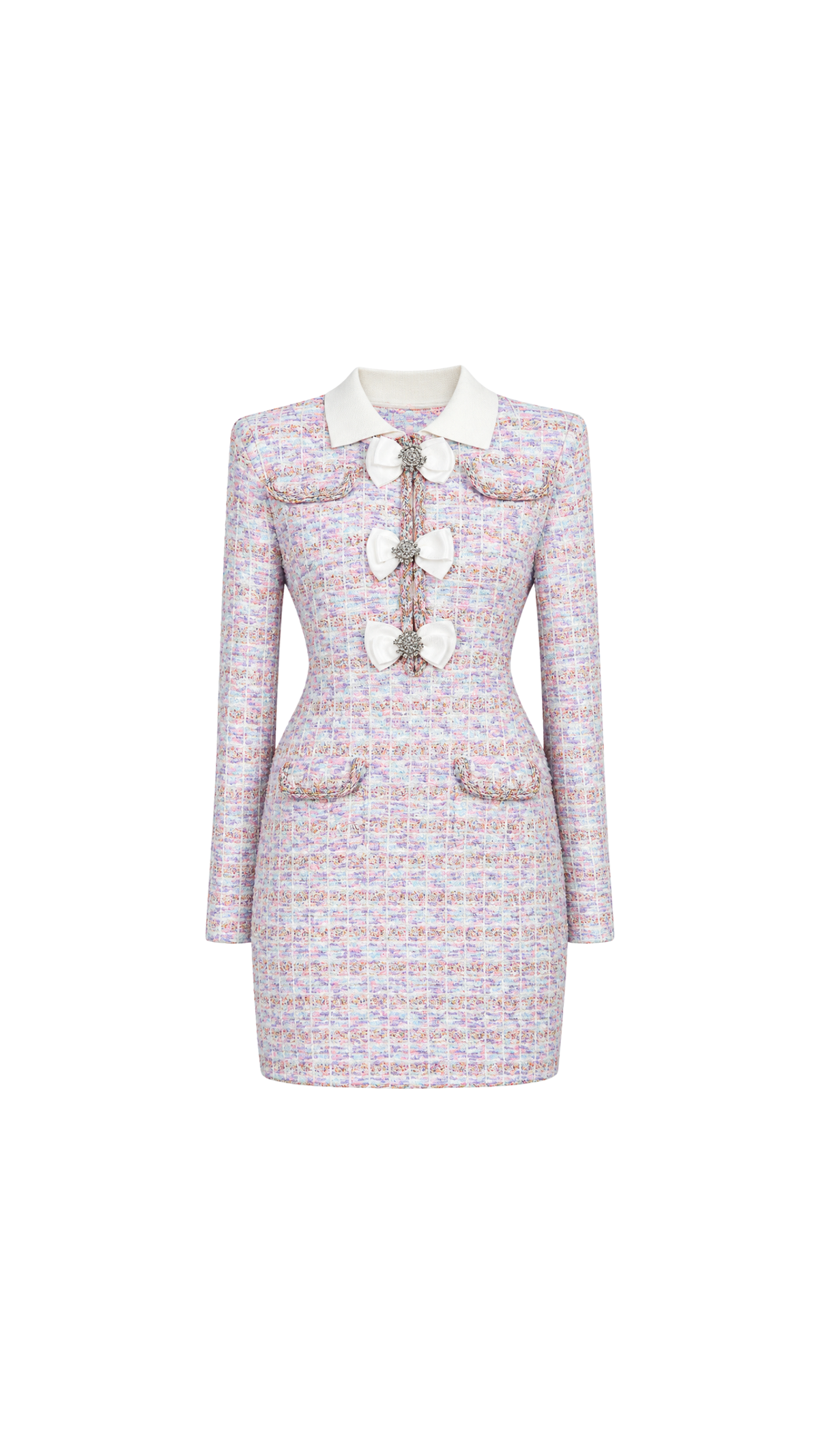 Bow-Embellished Tweed Mini Dress