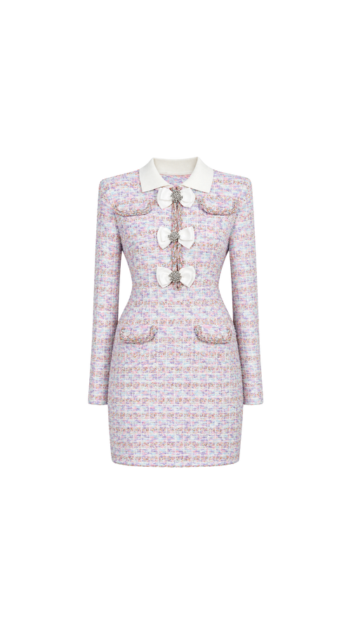 Bow-Embellished Tweed Mini Dress