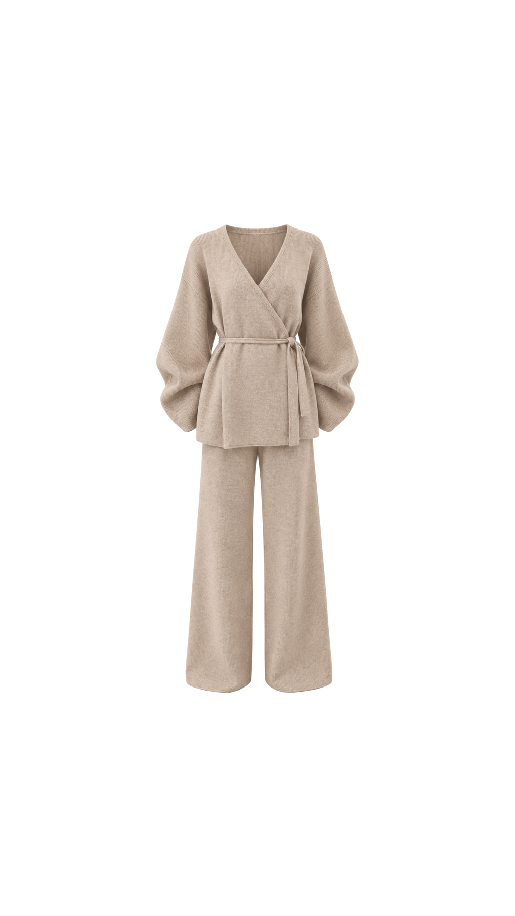 Belted Wrap Knit Top & Wide-Leg Trousers Set