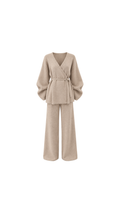 Belted Wrap Knit Top & Wide-Leg Trousers Set