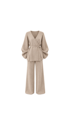 Belted Wrap Knit Top & Wide-Leg Trousers Set