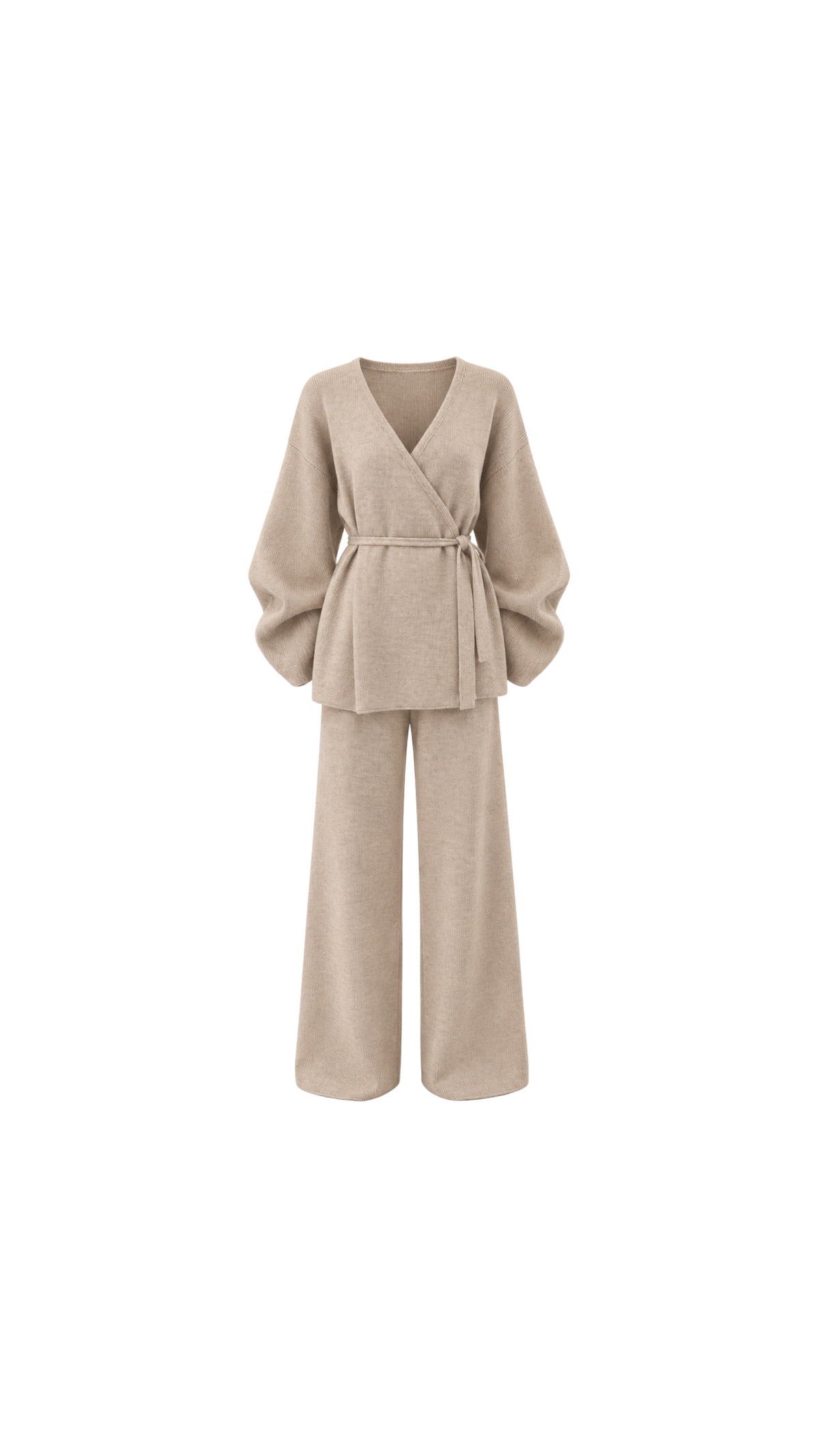 Belted Wrap Knit Top & Wide-Leg Trousers Set