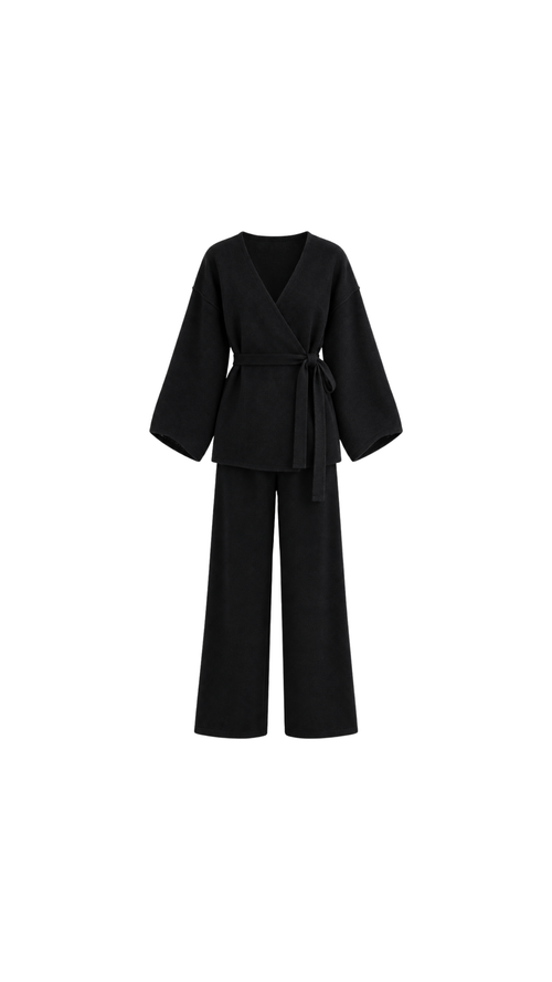 Belted Wrap Knit Top & Wide-Leg Trousers Set