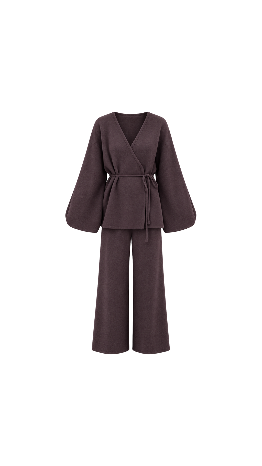 Belted Wrap Knit Top & Wide-Leg Trousers Set