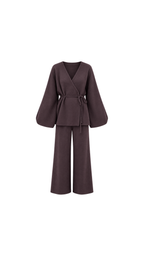 Belted Wrap Knit Top & Wide-Leg Trousers Set