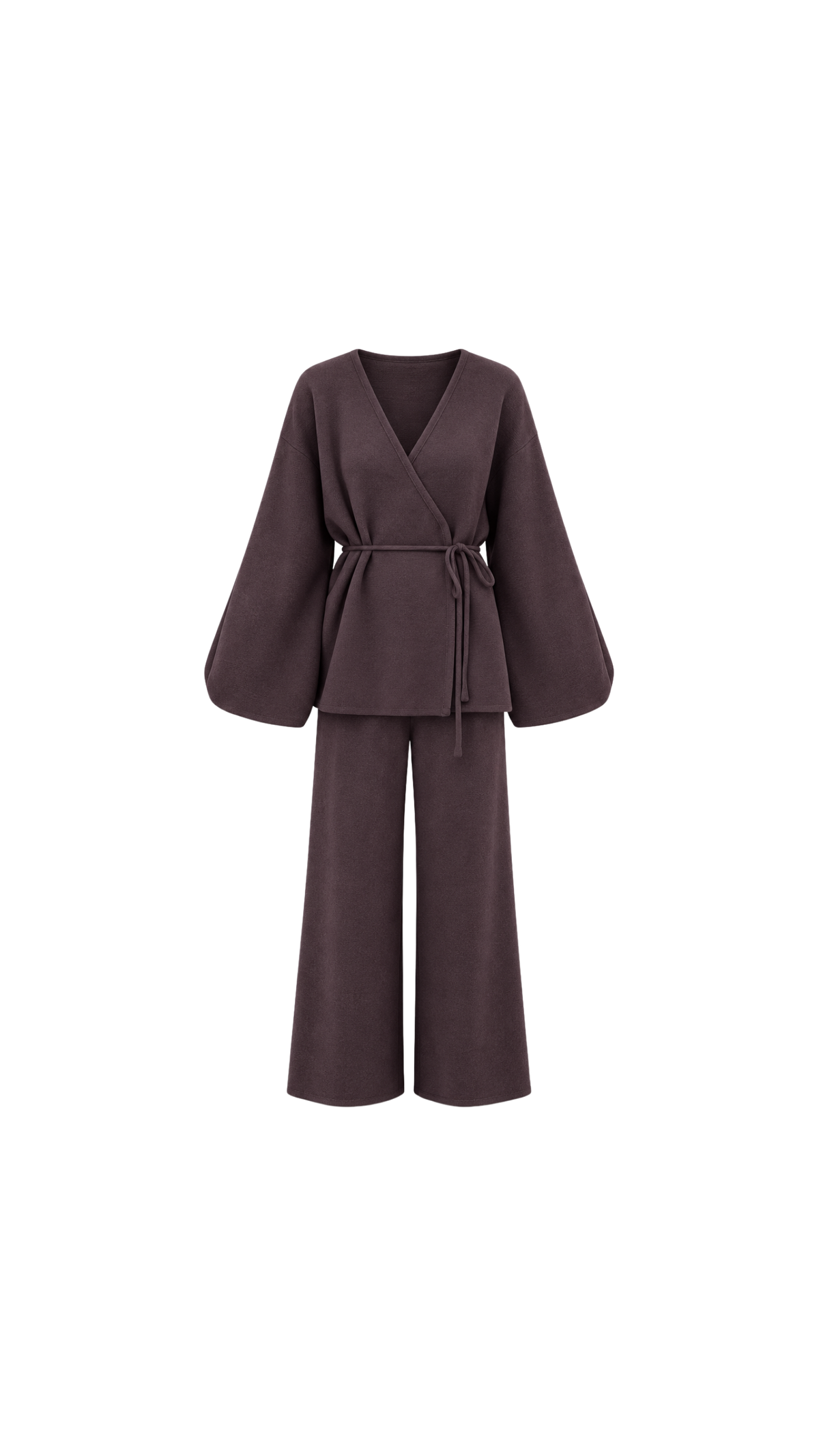 Belted Wrap Knit Top & Wide-Leg Trousers Set